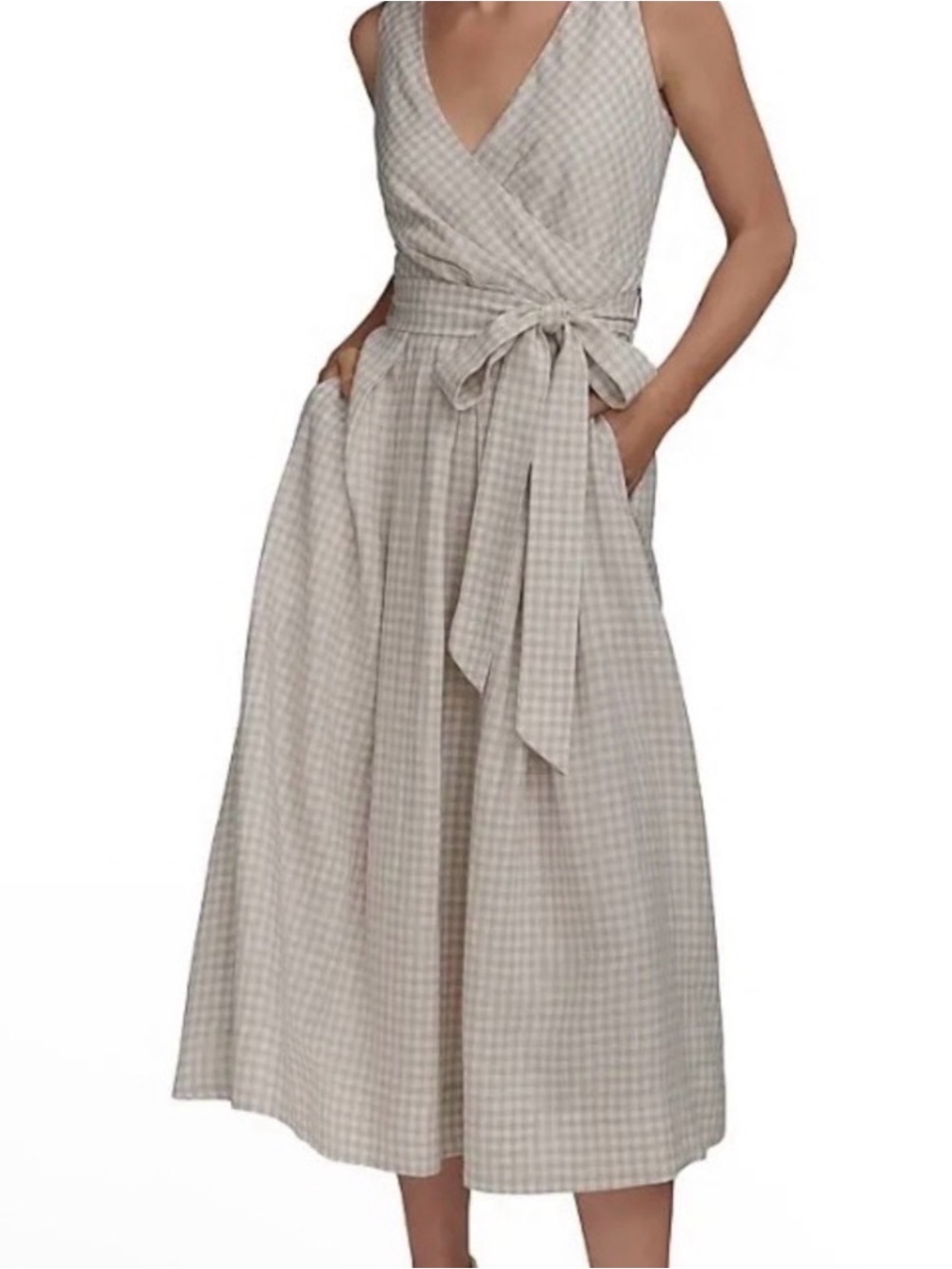 Donna Karan Cream and Beige Gingham Wrap Midi Dress